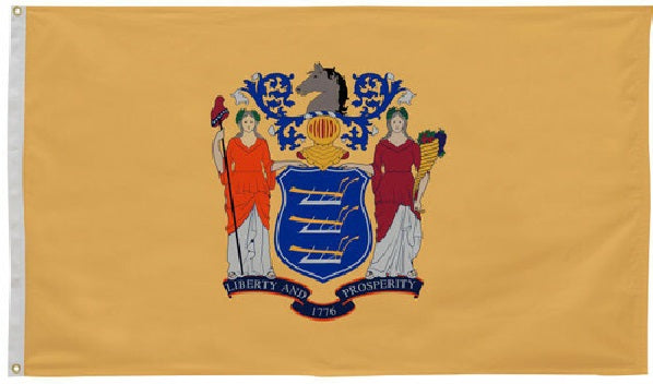 New Jersey State Flag 3' x 5' Printed Nylon, featuring a blue and red coat of arms on a yellow background, with brass grommets and durable stitching.