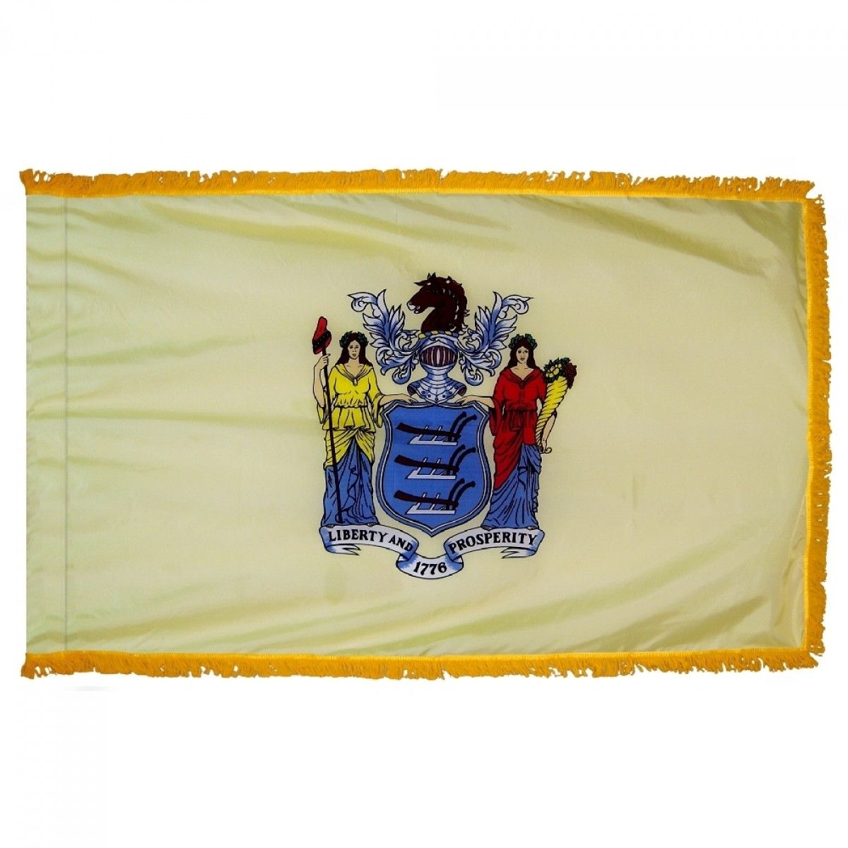 New Jersey State Flag 5' x 8' Printed Nylon with yellow fringe, featuring a blue coat of arms with two women holding a black horse.