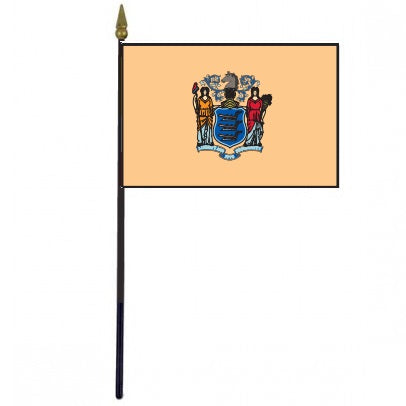 New Jersey Stick Flag - 4 x 6 Desktop Flag, featuring the state's coat of arms, mounted on a 10.5 plastic stick with a gold spear finial.