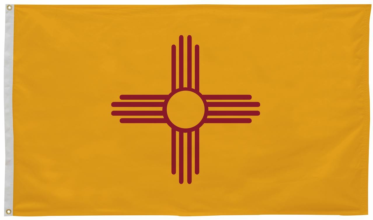 New Mexico State Flag 3' x 5' Printed Nylon with red Zia symbol on yellow background, strong canvas header, brass grommets, UV-resistant.