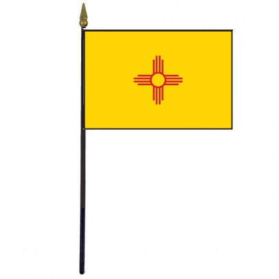 New Mexico Stick Flag - 4 x 6 Desktop Flag mounted on a 10.5 plastic stick with a gold spear finial. Polyester with sewn edges. Base sold separately.