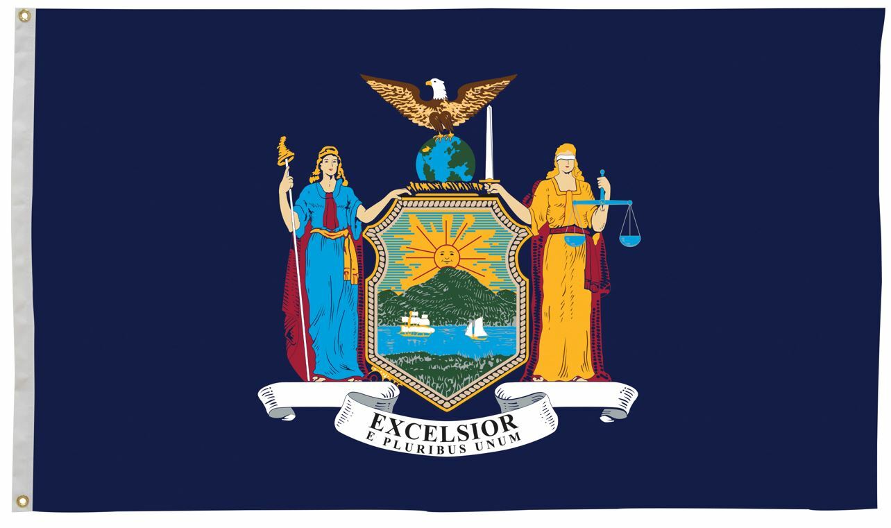 New York State Flag 5' x 8' Printed Nylon, featuring an eagle and coat of arms, suitable for indoor or outdoor use with brass grommets for hanging.