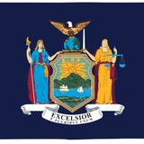 New York State Flag 5' x 8' Printed Nylon, featuring an eagle and coat of arms, suitable for indoor or outdoor use with brass grommets for hanging.