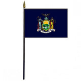 New York Stick Flag - 4 x 6 Desktop Flag, featuring a colorful coat of arms, mounted on a 10.5 plastic stick with a gold spear finial.