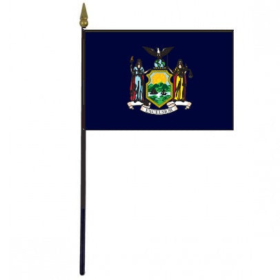 New York Stick Flag - 4 x 6 Desktop Flag, featuring a colorful coat of arms, mounted on a 10.5 plastic stick with a gold spear finial.