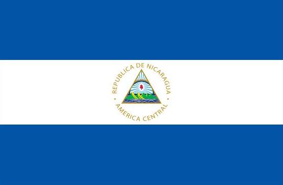 Nicaragua Courtesy Flag 12 x 18 featuring a blue and white design with a triangle emblem, made of Marine-grade nylon with canvas header and brass grommets.