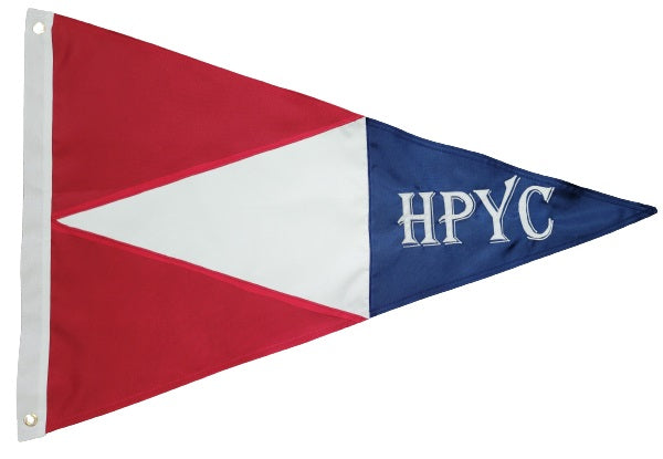 Custom SEWN Personalized Flags, Company Pennants, Boat Burgees displayed as a red, white, and blue triangle flag with white letters on blue fabric.