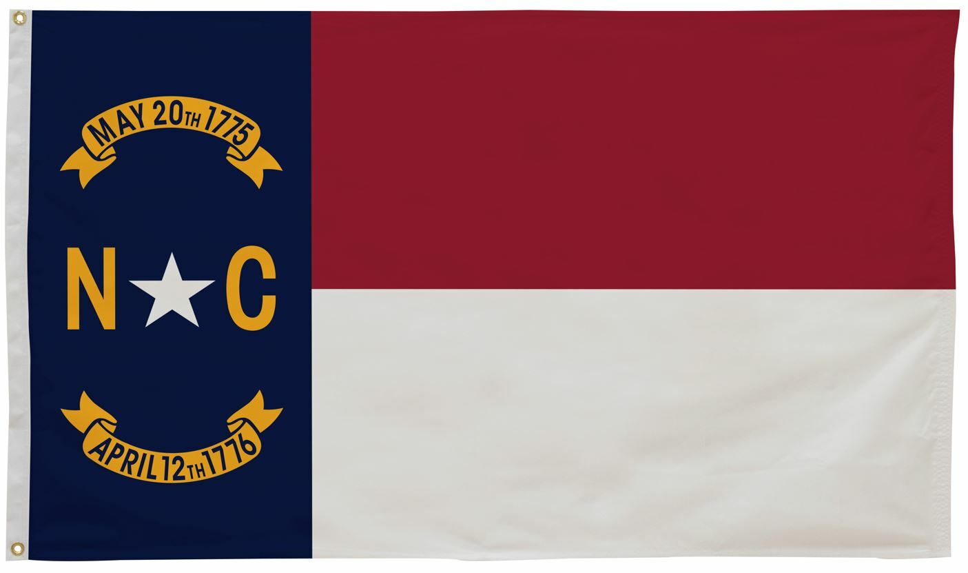 North Carolina State Flag 4' x 6' Printed Nylon with strong canvas header, two brass grommets, and single-sided UV resistant artwork for outdoor use.