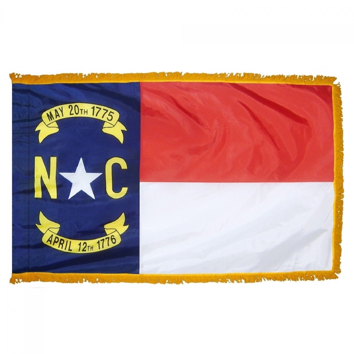 North Carolina State Flag 3' x 5' INDOOR Printed Nylon with golden yellow fringe, featuring a white star on a blue and red background, Velcro tabs included.