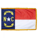 North Carolina State Flag 3' x 5' INDOOR Printed Nylon with golden yellow fringe, featuring a white star on a blue and red background, Velcro tabs included.