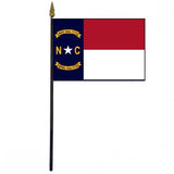 North Carolina Stick Flag - 4 x 6 Desktop Flag mounted on a 10.5 plastic stick with a gold spear finial, featuring individually sewn polyester edges.