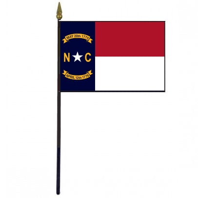 North Carolina Stick Flag - 4 x 6 Desktop Flag mounted on a 10.5 plastic stick with a gold spear finial, featuring individually sewn polyester edges.