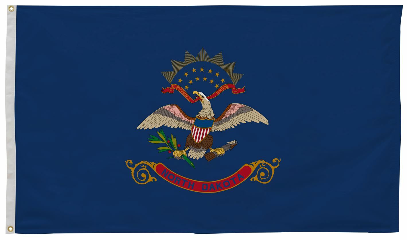 North Dakota State Flag 3' x 5' Printed Nylon featuring an eagle with a shield, stars, and a ribbon, designed for outdoor use with brass grommets.