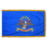 North Dakota State Flag 3' x 5' INDOOR Printed Nylon with yellow fringe, featuring an eagle emblem and shield, flannel-lined pole sleeve with Velcro tabs.