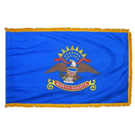 North Dakota State Flag 4' x 6' INDOOR Printed Nylon with eagle emblem, shield, and yellow fringe, featuring a NYL-GLO Nylon Flannel Lined Pole Sleeve.