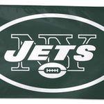 New York Jets 3' x 5' Polyester Flag with team logo and white text, featuring attached D-rings for easy display.