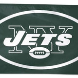 New York Jets 3' x 5' Polyester Flag with team logo and white text, featuring attached D-rings for easy display.