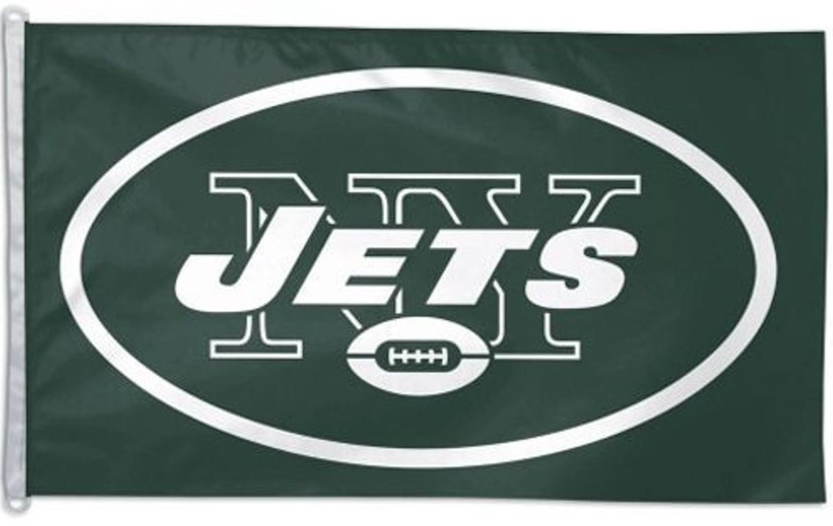 New York Jets 3' x 5' Polyester Flag with team logo and white text, featuring attached D-rings for easy display.