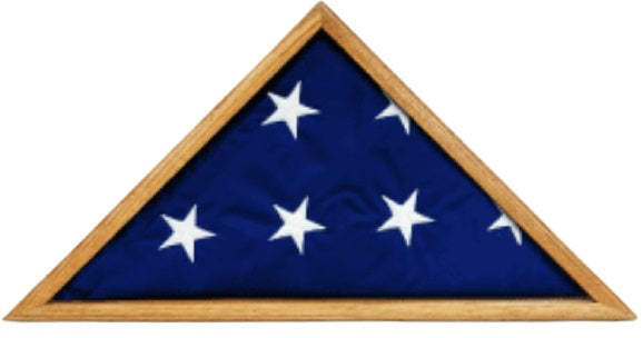 US Flag Memorial OAK Case for 5' x 9.5' US Flag, featuring a flag with white stars in a wooden frame, glass front, and removable back panel.