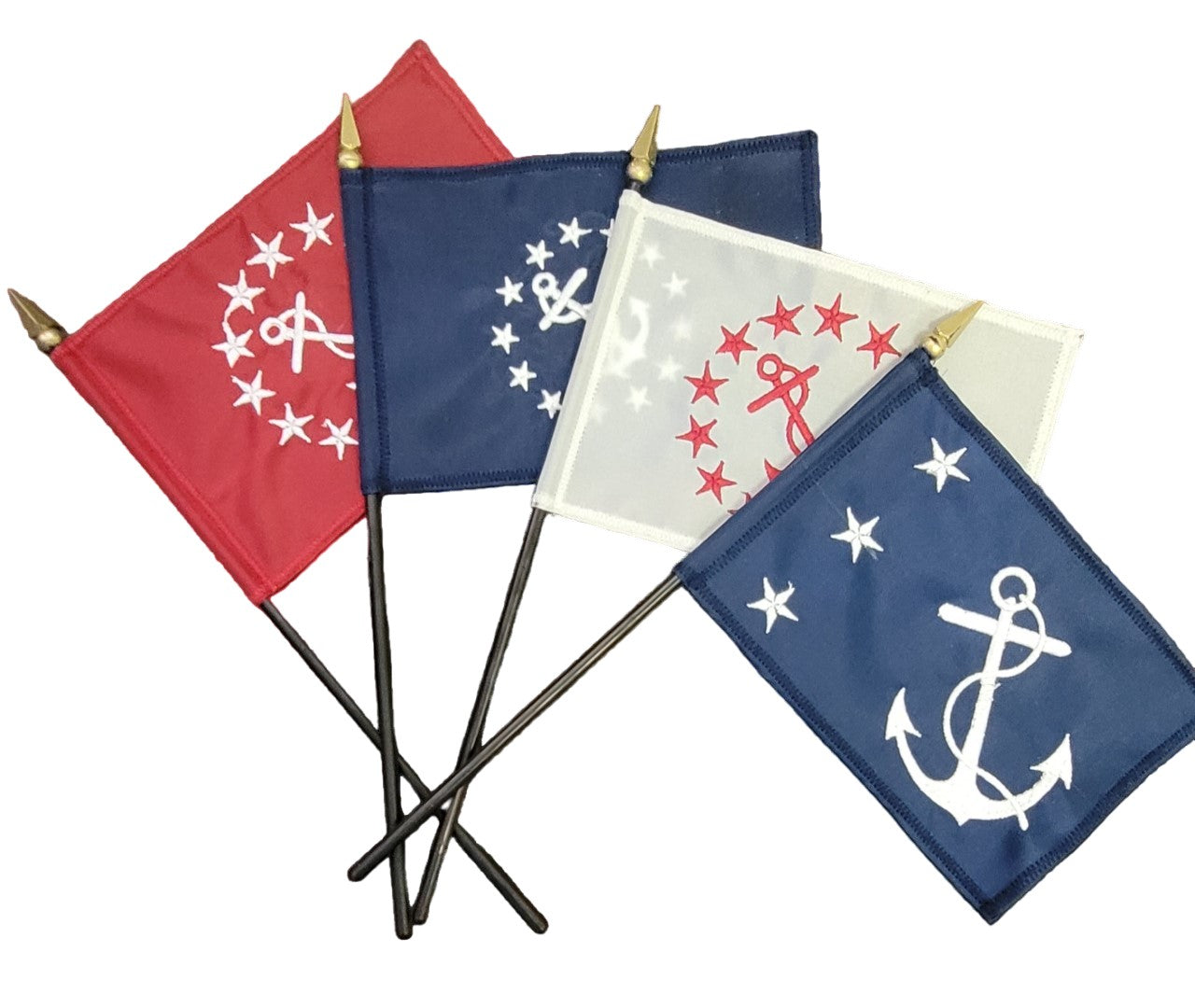 Secretary Yacht Club Officer 4 x 6 Sewn Applique Stick Table Flag on black plastic staff with gold top, featuring a white anchor on a blue background.