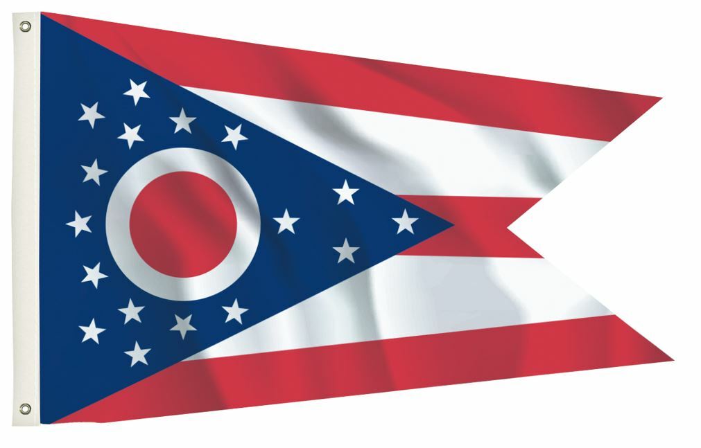 Ohio State Flag 5' x 8' Printed Nylon featuring a strong canvas header, two brass grommets, and single-sided UV-resistant design for outdoor use.