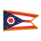 Ohio State Flag 3' x 5' INDOOR Printed Nylon features red, white, and blue design with a red circle and white stars, golden yellow fringe, and Velcro tabs.