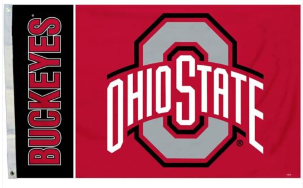 OSU Buckeyes 3' x 5' Polyester Flag with white and black logo, officially licensed NCAA team, features header and grommets, brand new and never flown.