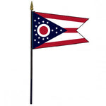 Ohio Stick Flag - 4 x 6 Desktop Flag, mounted on a 10.5 plastic stick with a gold spear finial, featuring a distinct red, white, and blue design.