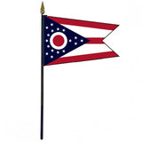 Ohio Stick Flag - 4 x 6 Desktop Flag, mounted on a 10.5 plastic stick with a gold spear finial, featuring a distinct red, white, and blue design.