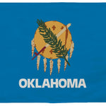 Oklahoma State Flag 6' x 10' printed on durable nylon, featuring a blue background with white text, suitable for outdoor use with brass grommets and canvas header.