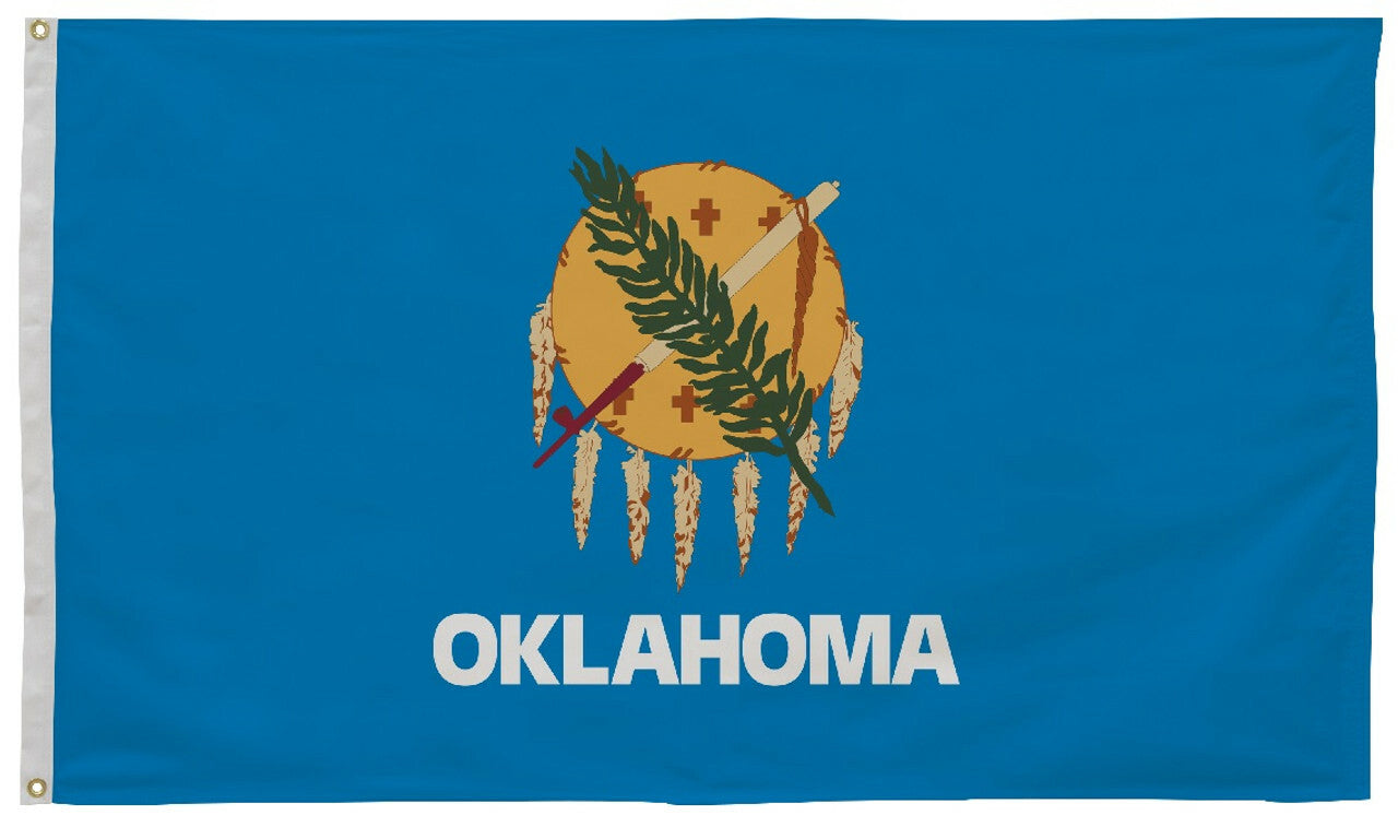 Oklahoma State Flag 6' x 10' printed on durable nylon, featuring a blue background with white text, suitable for outdoor use with brass grommets and canvas header.