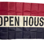 OPEN HOUSE Flag 3' x 5' Nylon Printed, shows black text on a maroon and beige flag with brass grommets, ideal for business or event use.