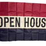 OPEN HOUSE Flag 3' x 5' Nylon Printed, shows black text on a maroon and beige flag with brass grommets, ideal for business or event use.