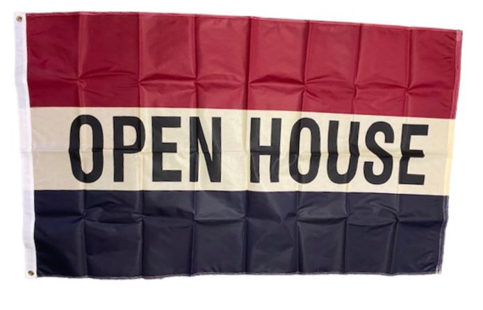 OPEN HOUSE Flag 3' x 5' Nylon Printed, shows black text on a maroon and beige flag with brass grommets, ideal for business or event use.