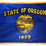 Oregon State Flag 3' x 5' INDOOR Printed Nylon featuring a blue field with a yellow emblem and fringe, designed for official state specifications.