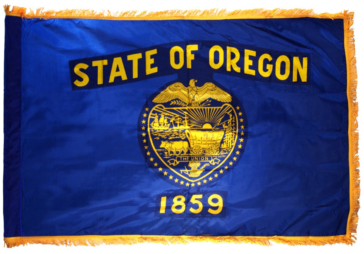 Oregon State Flag 3' x 5' INDOOR Printed Nylon featuring a blue field with a yellow emblem and fringe, designed for official state specifications.