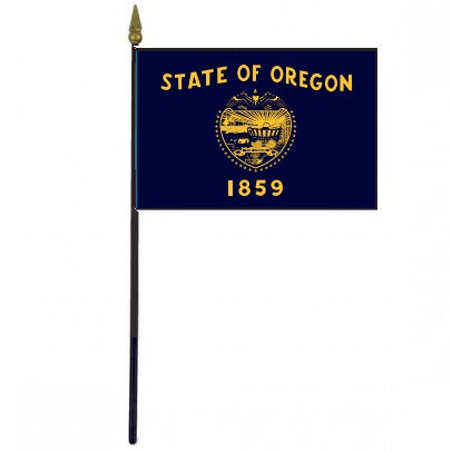 Oregon Stick Flag - 4 x 6 Desktop Flag with gold text, mounted on a 10.5 plastic stick, featuring a city emblem and a gold spear finial.