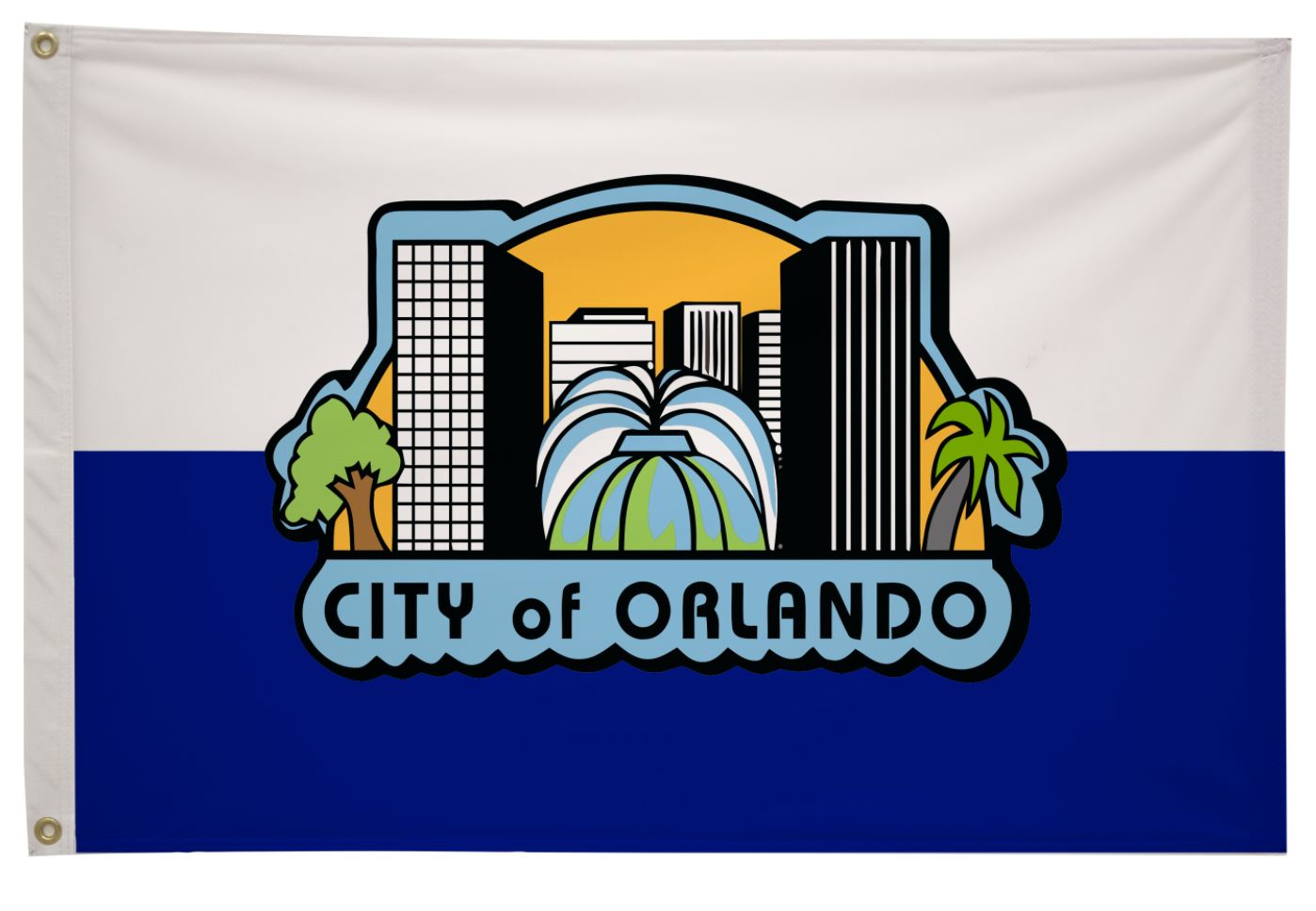 City of Orlando Flag, featuring city logo and fountain, printed on durable nylon with brass grommets, suitable for indoor or outdoor use.