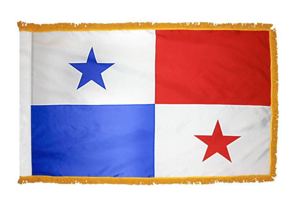 Panama Flag Sewn Applique Nylon 4' x 6' Indoor with Pole Sleeve and Fringe, featuring a yellow fringe, blue and red stars on a white background.