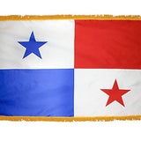 Panama Flag Sewn Applique Nylon 4' x 6' Indoor with Pole Sleeve and Fringe, featuring a yellow fringe, blue and red stars on a white background.