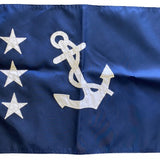 Past Commodore Yacht Club Officer Flag Sewn Applique Nylon 12 x 18 with white anchor and stars on blue fabric, canvas header, and brass grommets.