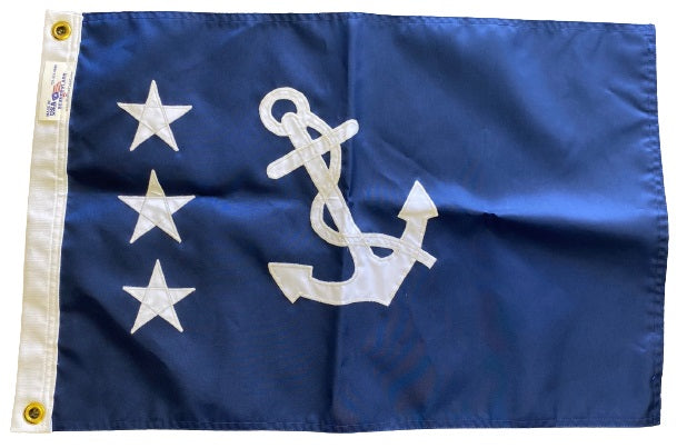 Past Commodore Yacht Club Officer Flag Sewn Applique Nylon 12 x 18 with white anchor and stars on blue fabric, canvas header, and brass grommets.