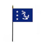 Past Commodore Yacht Club Officer 4 x 6 Printed Table Stick Flag featuring a white anchor and stars on a blue background, includes black plastic staff and gold top.