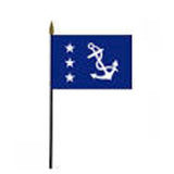 Past Commodore Yacht Club Officer 4 x 6 Printed Table Stick Flag featuring a white anchor and stars on a blue background, includes black plastic staff and gold top.