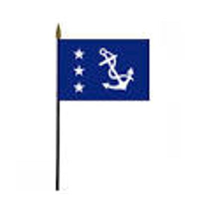 Past Commodore Yacht Club Officer 4 x 6 Printed Table Stick Flag featuring a white anchor and stars on a blue background, includes black plastic staff and gold top.