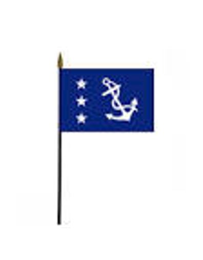 Past Commodore Yacht Club Officer 4 x 6 Printed Table Stick Flag featuring a white anchor and stars on a blue background, includes black plastic staff and gold top.