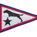 Custom SEWN Applique PENNANT featuring a black dog and star design on a triangular flag, showcasing Beaver Flags' hand-sewn, double-layered nylon craftsmanship.