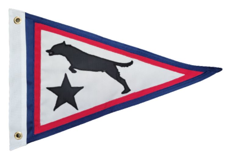 Custom SEWN Applique PENNANT featuring a black dog and star design on a triangular flag, showcasing Beaver Flags' hand-sewn, double-layered nylon craftsmanship.