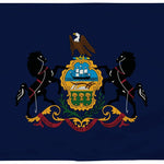 Pennsylvania State Flag 2' x 3' Printed Nylon featuring a coat of arms with horses and an eagle, designed for outdoor use with brass grommets.