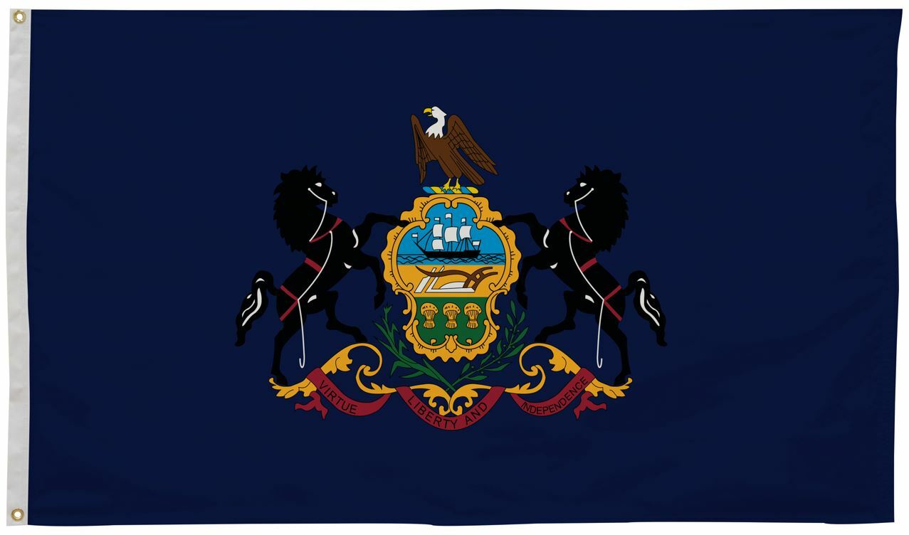 Pennsylvania State Flag 2' x 3' Printed Nylon featuring a coat of arms with horses and an eagle, designed for outdoor use with brass grommets.